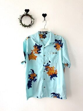 Billabong Sunday Vacay Floral Hawaiian Camp Shirt Medium Blue Tropical